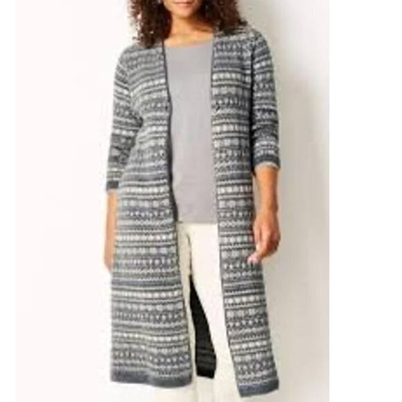 J.JILL Long Fair Isle Bounce Cardigan Singe Button Charcoal Heather Oatmeal Med - Picture 2 of 13